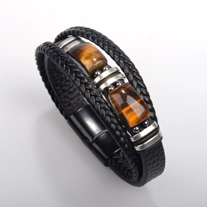 Wholesale tiger eye stone leather bracelet stainless steel bracelet multi-layer leather jewelry Amazon men' s bracelet
