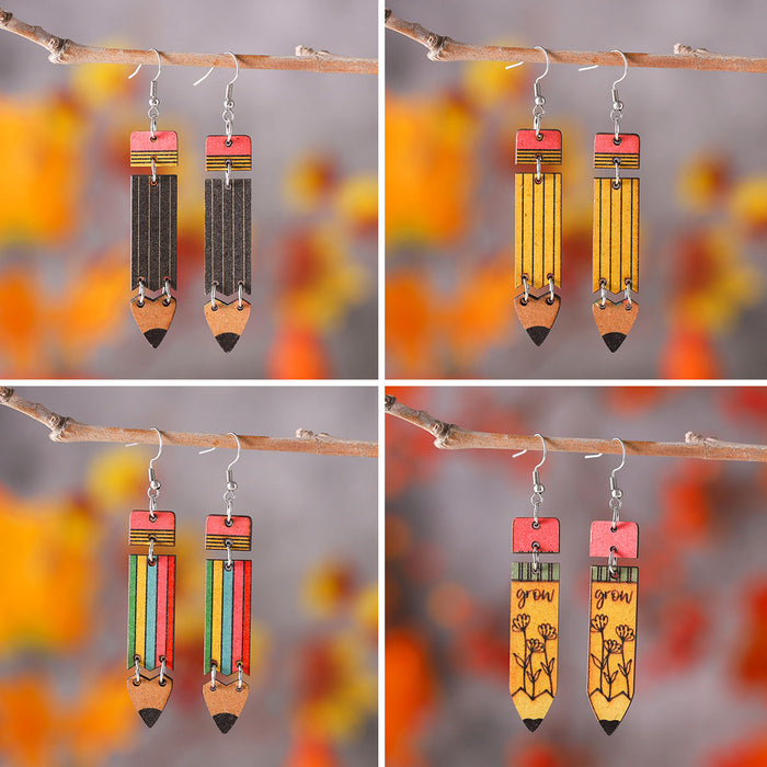 Wholesale Teaching learning rainbow pencil double-sided wooden earrings graduation season back to school season student teacher earrings