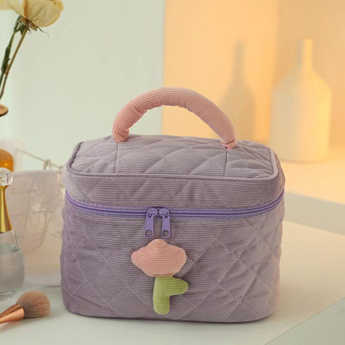 Wholesale Makeup bag with corduroy flowers, portable and large capacity for outdoor use