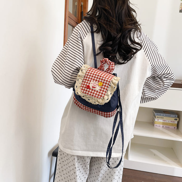 Wholesale Canvas Backpack Blue Contrast Plaid Street Fashion