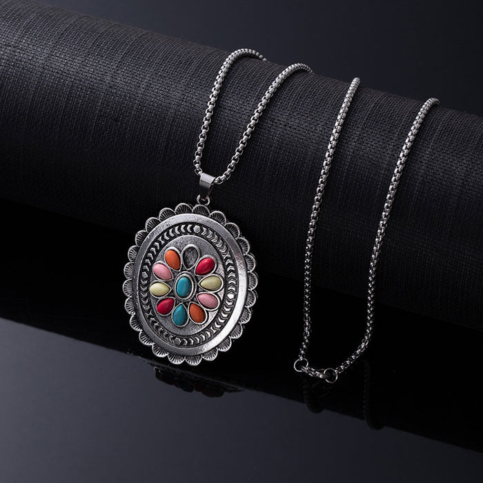 Wholesale Retro Western style natural turquoise necklace,  retro versatile titanium steel chain,  ethnic accessories