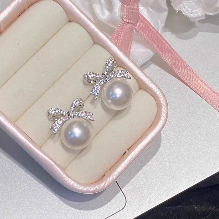 Wholesale Full Diamond Bow Pearl Earrings Female