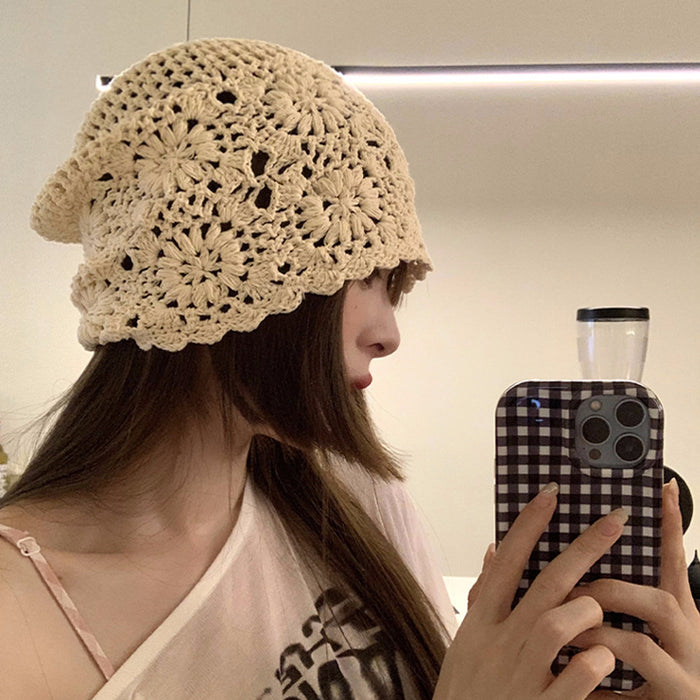 Wholesale Hand woven Baotou hat for women in spring and autumn, thin cut hollow yarn hat, retro artistic knitted hat, pile up hat