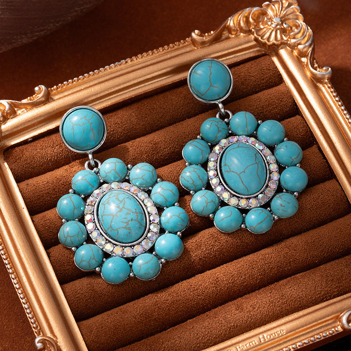 Wholesale Literary retro exaggerated earrings Bohemian style earrings for women trendy personality inlaid turquoise western style earrings