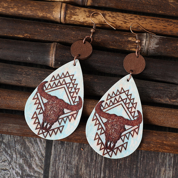 Wholesale Leather Earrings Retro Cow Print Water Drop Splicing