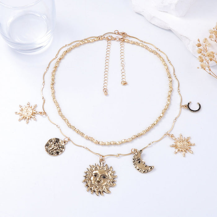 Wholesale Alloy Sun Moon Pendant Double Layer Overlapping Chain Women's Necklace