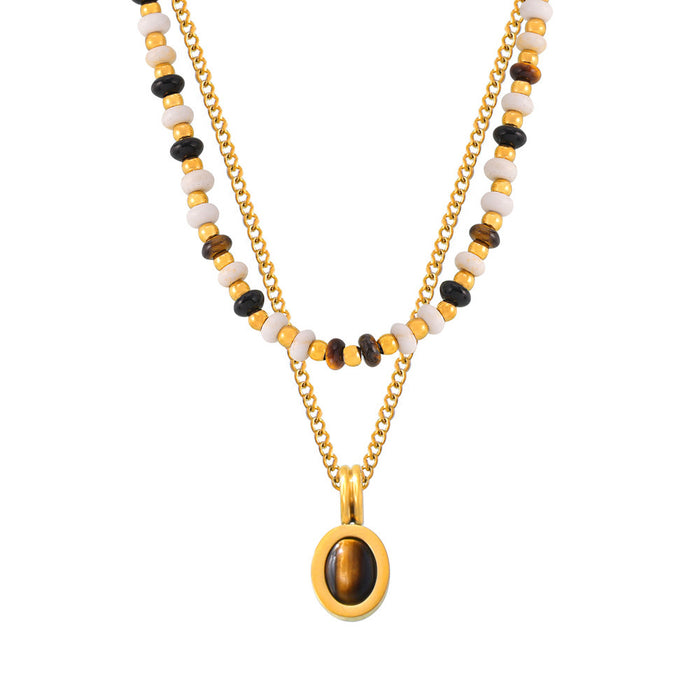 Wholesale Natural Stone Beaded Design Necklace Tiger Eye Pendant Double Layer  Chain