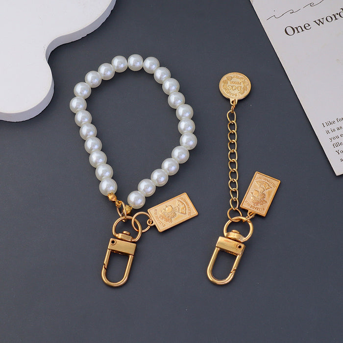 Wholesale Pearl Bead Chain Keychain Metal Square Figure Pendant Mobile Phone Case Hanging