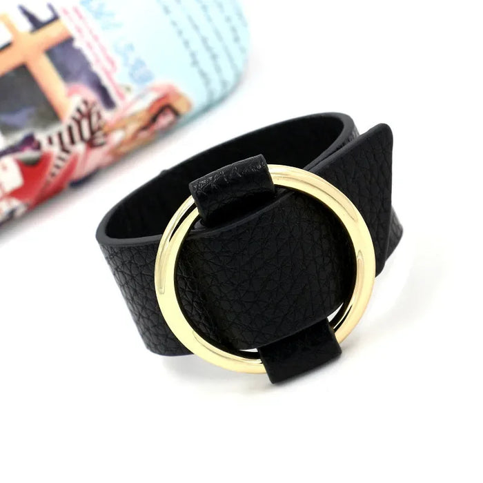 Wholesale Personalized adjustable opening metal ring bracelet, faux leather bracelet, fashionable and versatile wide bracelet for women