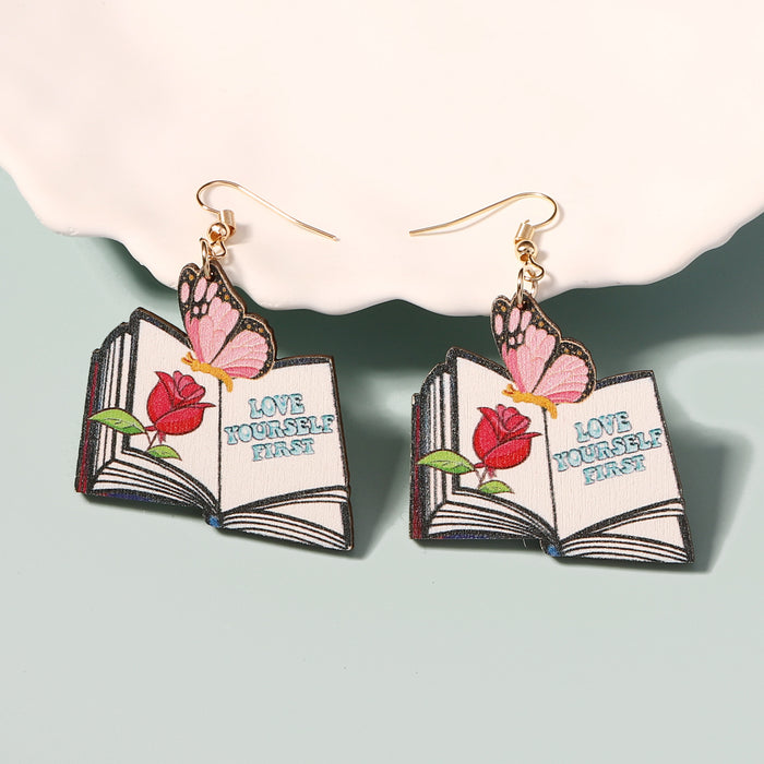 Wholesale geometric wooden painted rose butterfly letter earrings for women