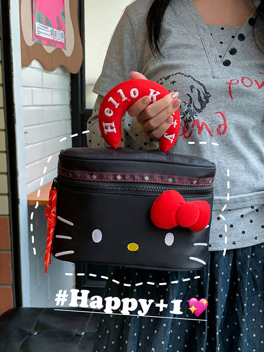 Wholesale Cute black kitten handbag with cartoon bow,  a storage and makeup bag.