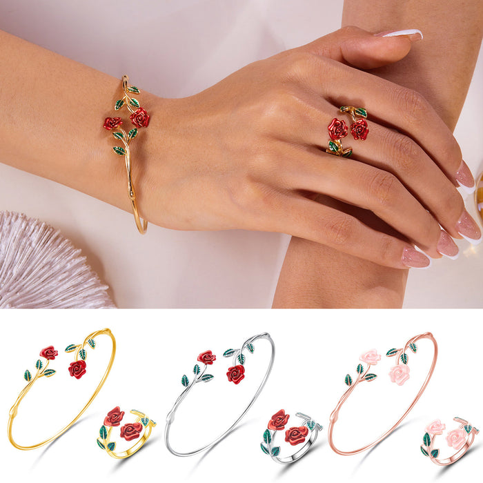 Wholesale Alloy  Rose Flower Opening Bracelet Ring suit Fashion Temperament