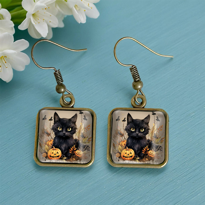 Wholesale  Black Cat Pumpkin Autumn Vintage Copper Square Time Gem Crystal Glass Earrings