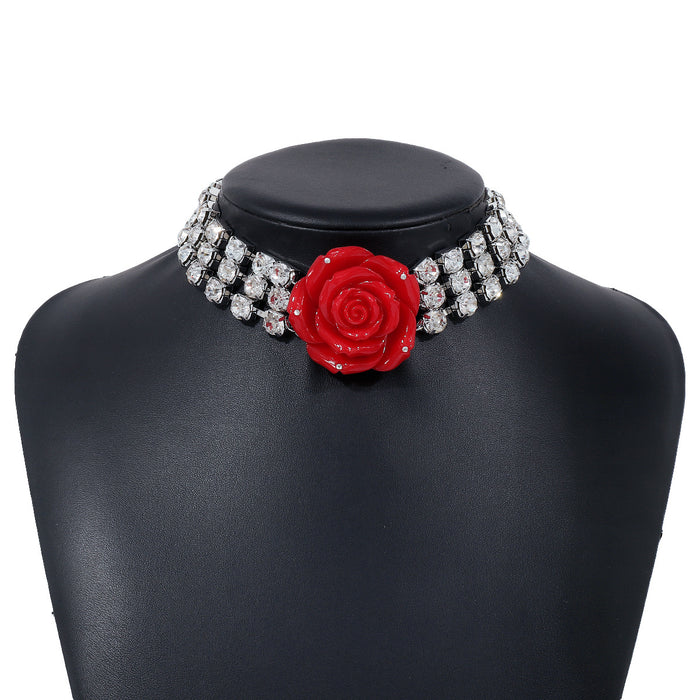 Wholesale Diamond Inlaid Three-dimensional Rose Flower Necklace JDC-NE-QianDi024