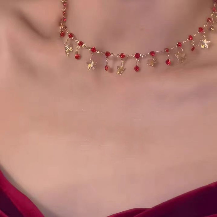 Wholesale Fashionable crystal tassel double-layer necklace, niche design, versatile butterfly pendant, collarbone chain