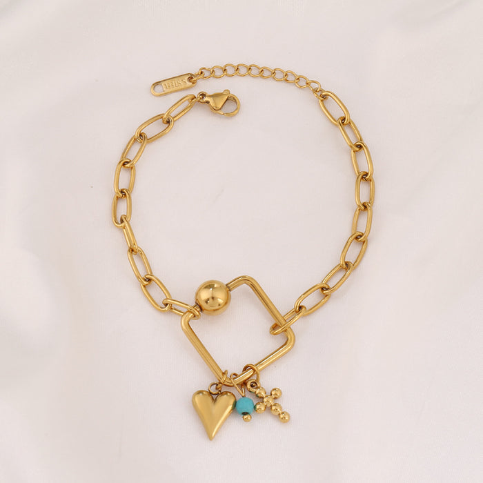 Wholesale Gold-Plated Stainless Steel Multi-Element Heart-Shaped Cross Screw Clasp Bracelet