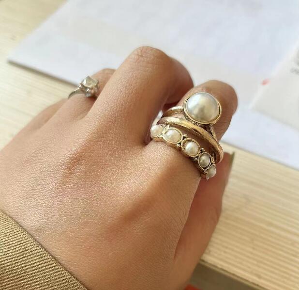 Wholesale Cross border Retro Independent Station New Product Ring Creative New Large Pearl Open Ring Fashion Diamond Set Ring