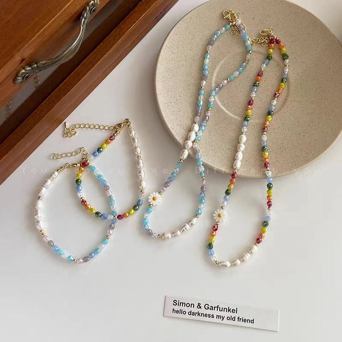 Wholesale Colorful Pearl Flower Necklace Women's Light Luxury Clavicle Chain Temperament Design Necklace