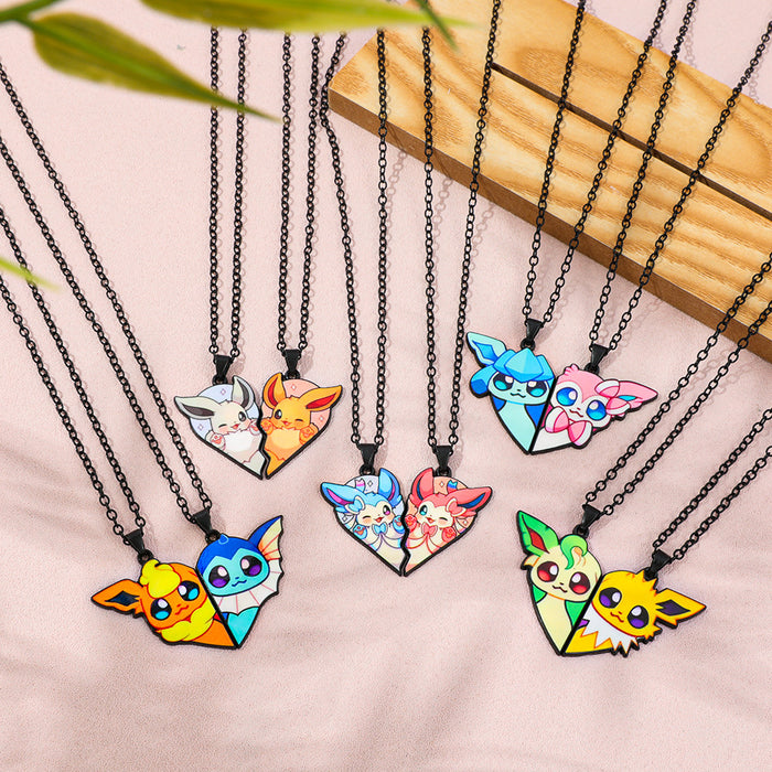 Wholesale 1pair Cartoon Cute Heart Patchwork Pendant Necklace