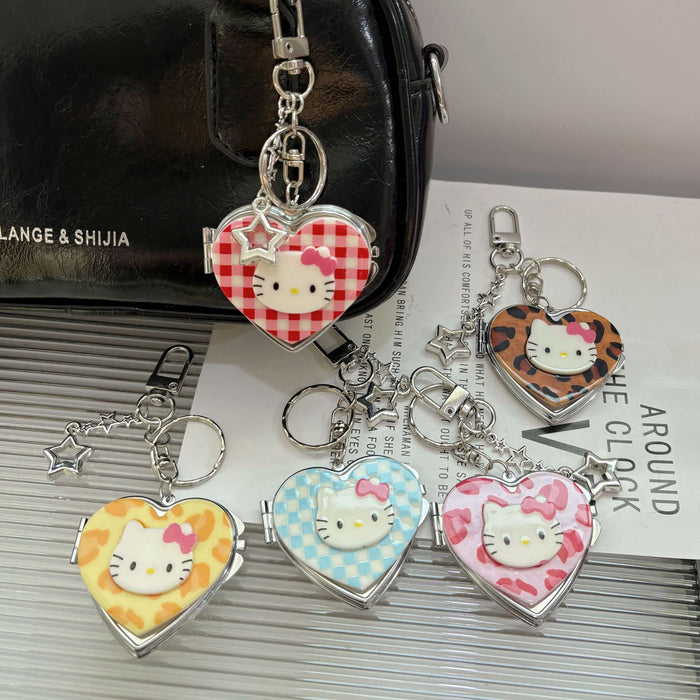 Wholesale Cute Cartoon Cat Checkered Heart Portable Mirror Keychain