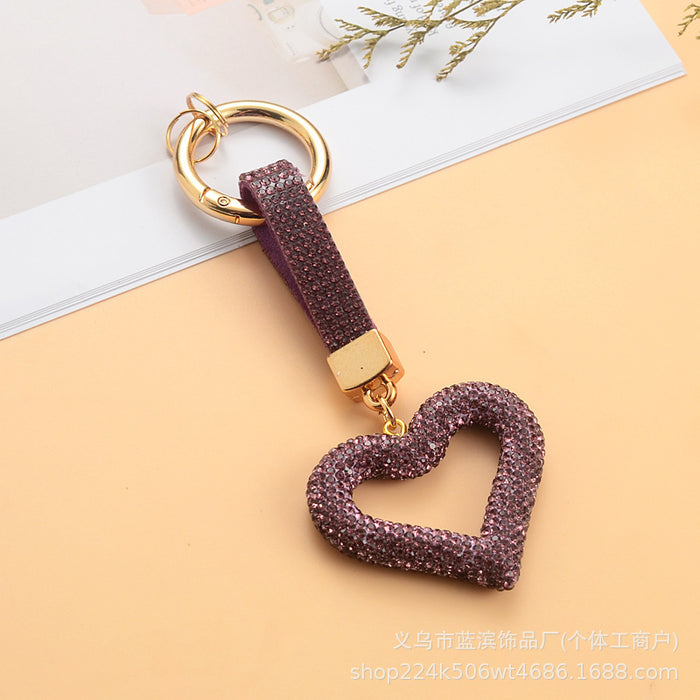 Wholesale Full rhinestone heart keychain with diamond cord hollow heart car pendant