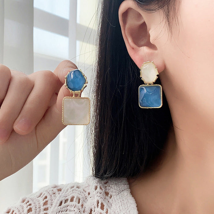Wholesale Color blocking water ripple retro geometric square unique light luxury design earrings