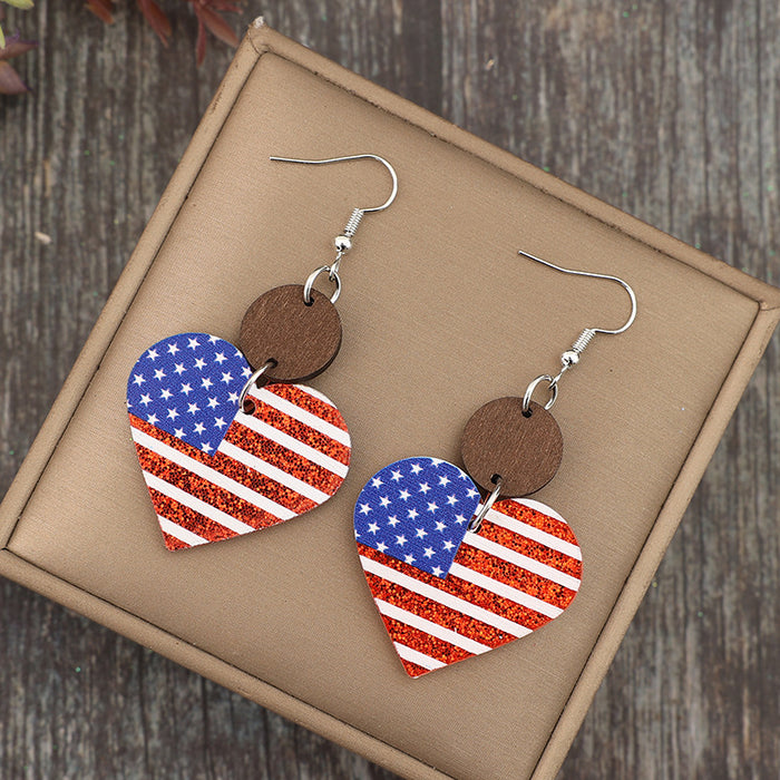 Wholesale  Heart Print American Flag ing Small Wood Pieces Acrylic Earrings Independence Day Earrings