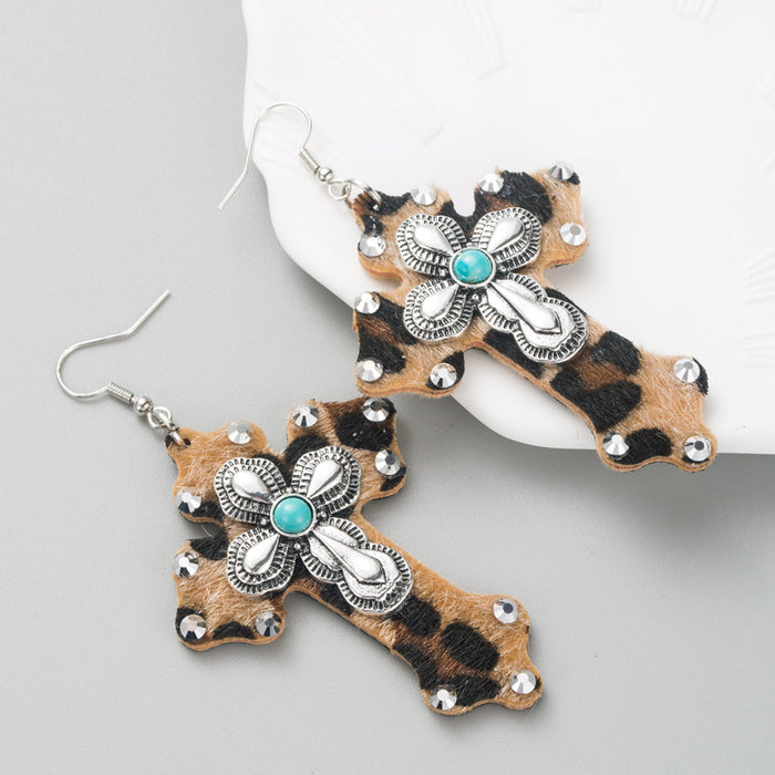Wholesale Leopard print leather cross turquoise statement earrings