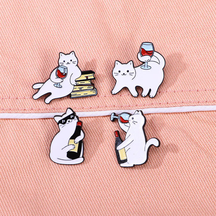 Wholesale Cartoon White Cat Brooch Cat Red Wine Cute Schoolbag Accessory Clothes Decoration Zinc Alloy Badge