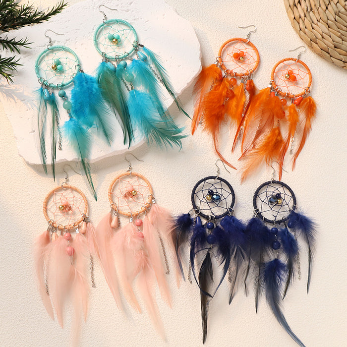 Wholesale Feather Bohemian Dreamcatcher Tassel Earrings Handcrafted Fashion Accessory