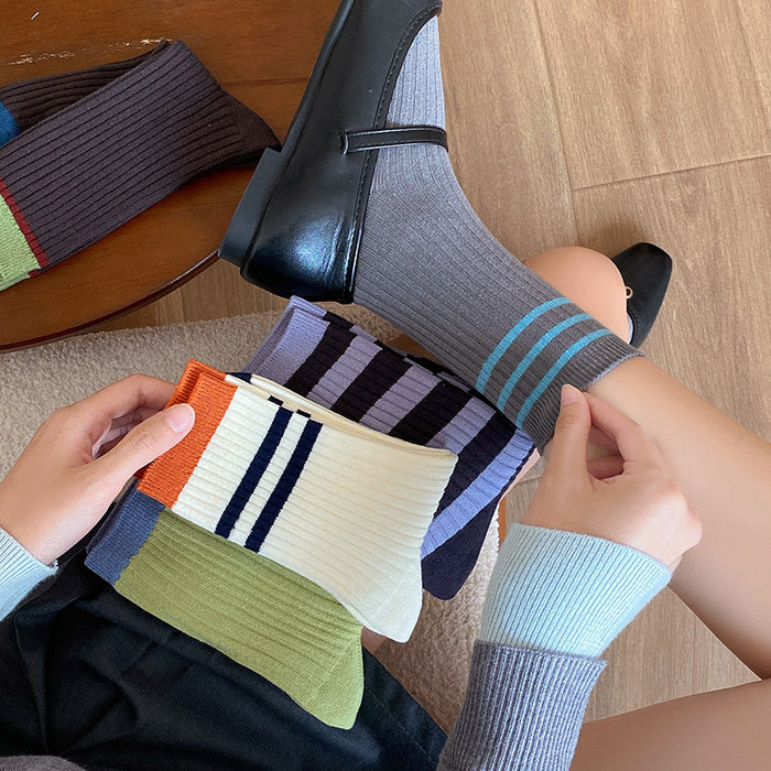 Wholesale Socks with double needle contrasting stripes, mid tube stacking, versatile socks