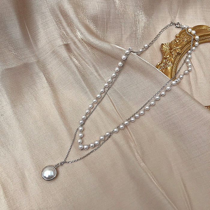 Wholesale Niche double-layer pearl pendant necklace with simple temperament, neckchain, collarbone chain