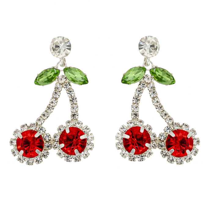 Wholesale Red rhinestone cherry pendant earrings for women, fashionable design, full diamond claw chain jewelry wholesale