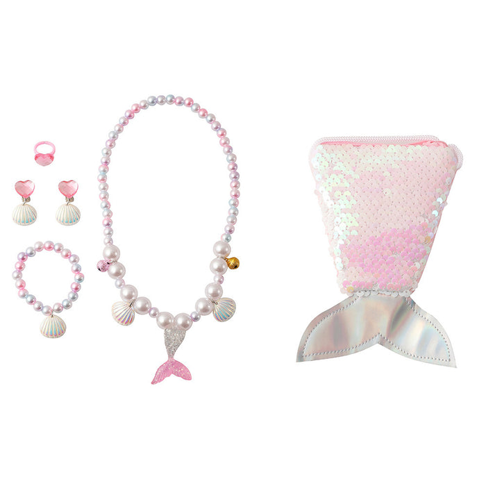 Wholesale Children' s new synthetic pearl jewelry set cute cartoon mermaid tail beaded necklace bracelet earring set