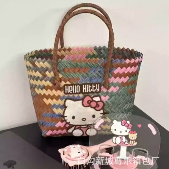 Wholesale Cat Handbag Woven Accompanying Gift Girl' s Large Capacity Vegetable Basket Handmade Woven Bag Women' s Fashion Beach Bag
