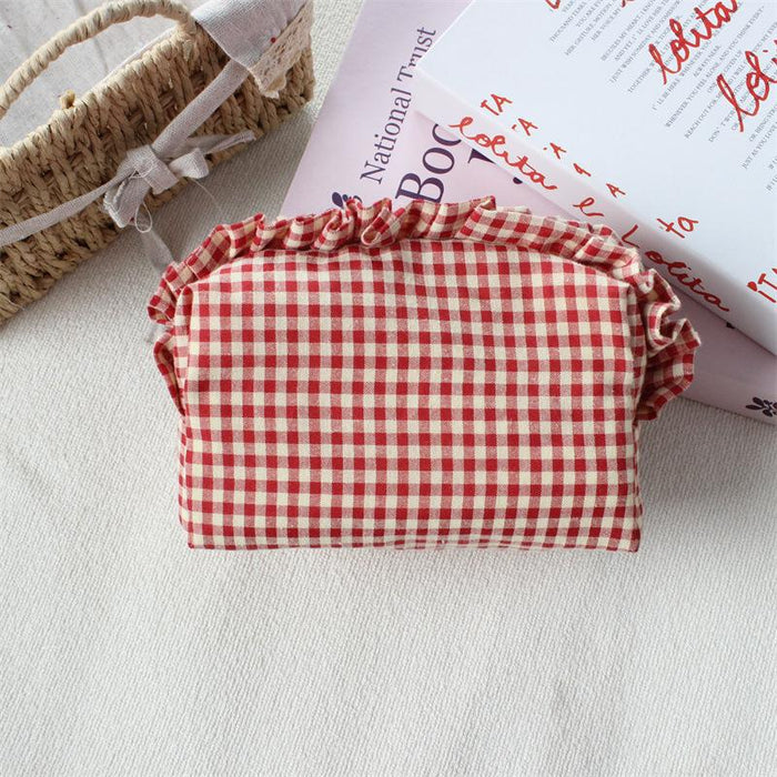 Wholesale Trendy Black Plaid Pleated Lace Pencil Case Large Capacity Student Stationery Pouch Boutique Gift