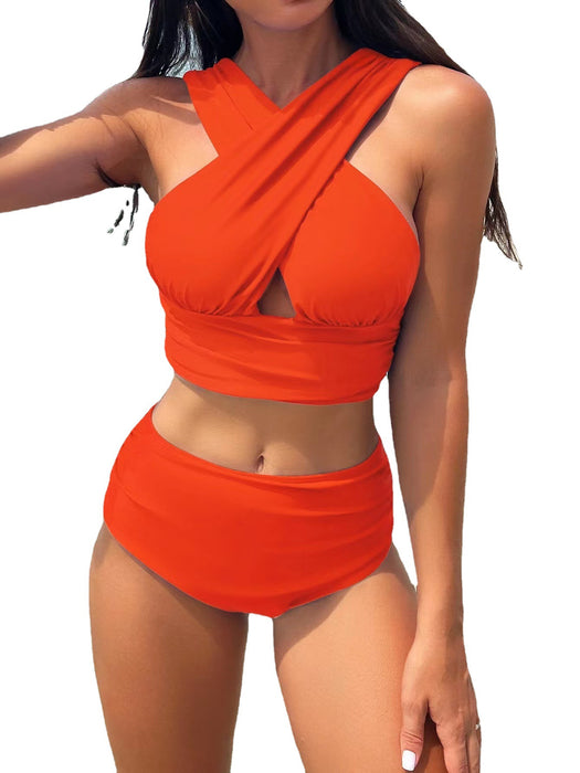Wholesale New high waisted bikini cross neck swimsuit solid color sexy vacation swimsuit