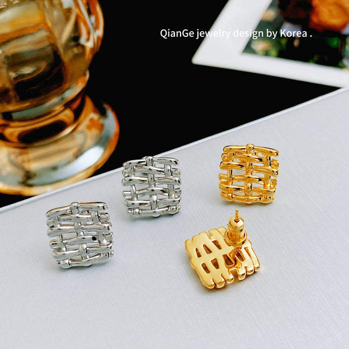 Wholesale Metal woven irregular square earrings for women s925 silver needle design earrings