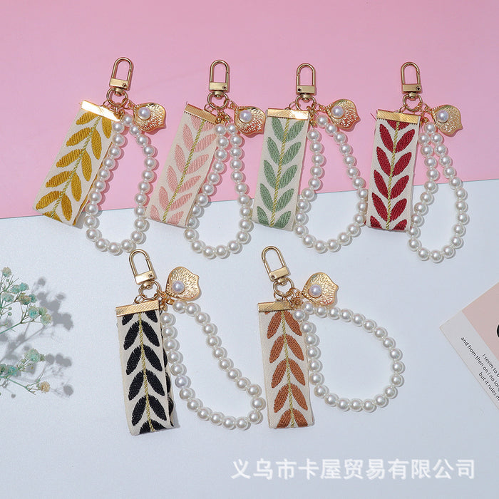Wholesale Ribbon car alloy keychain pendant creative leaf striped pearl accessory bag decoration