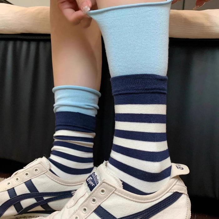 Wholesale Double layered socks with contrasting stripes, rolled edges, stacked socks, sports socks, tube socks