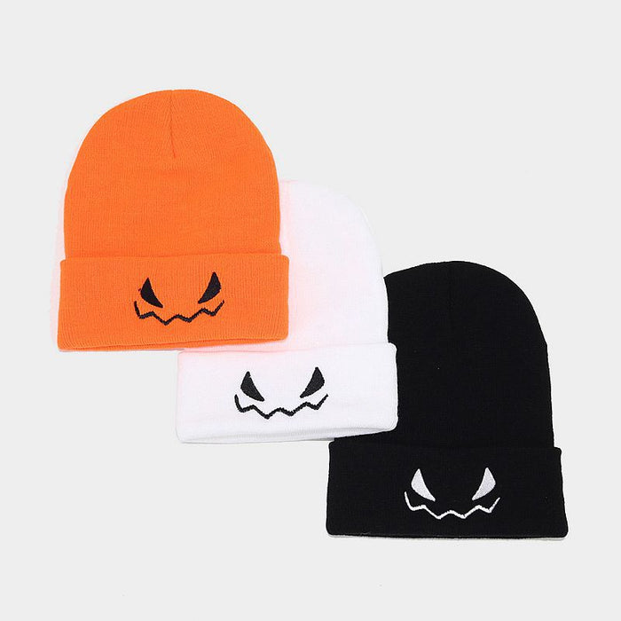 Wholesale Halloween Pumpkin Little Devil Embroidery Orange Wool Knitted Hat JDC-FH-LvYi057