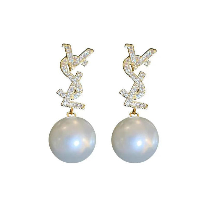 Wholesale Diamond Lettered Pearl Earrings JDC-ES-YuHang001