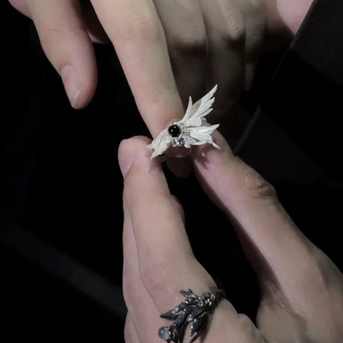 Wholesale Open Ring Black and White Broken Wings Couple's Pair Ring