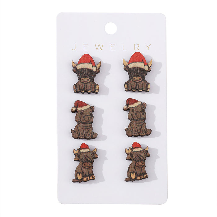 Wholesale Wooden Christmas Cow Earrings Set Trendy Animal Jewelry Accessory