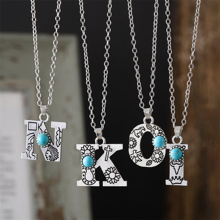 Wholesale 2pcs Retro 26 English Letter Turquoise Necklace