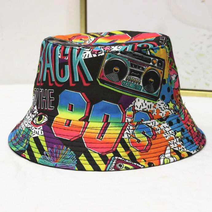 Wholesale geometric graffiti retro fisherman hat printed double-sided all-match basin hat outdoor sun hat
