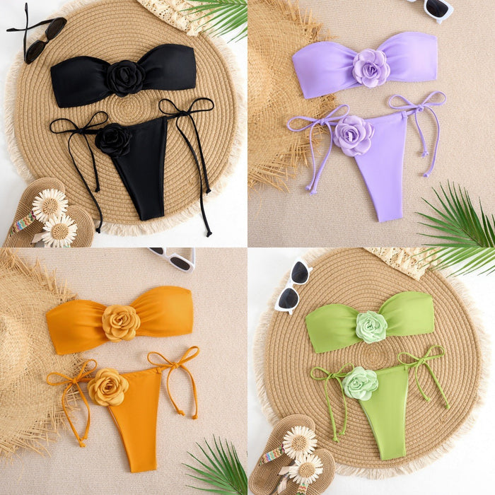 Wholesale Solid color split swimsuit for women, three-dimensional flower swimsuit