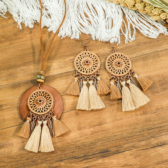 Wholesale Bohemian Dreamcatcher Tassel Earrings and Wooden Pendant Necklace Set