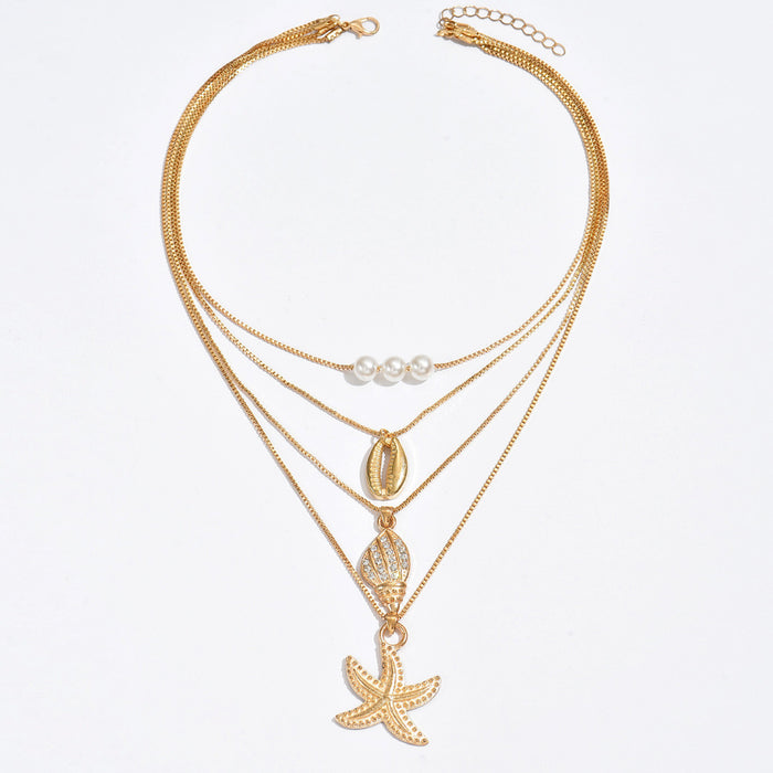 Wholesale Alloy conch starfish pendant necklace, layered pearl necklace, light luxury niche accessory