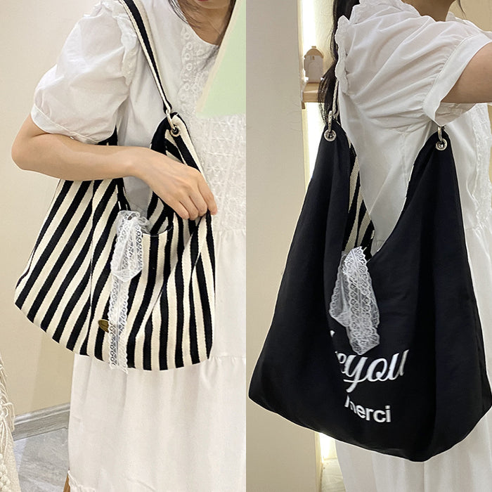 Wholesale Striped shoulder bag, cute embroidered canvas bag, simple letter commuting bag